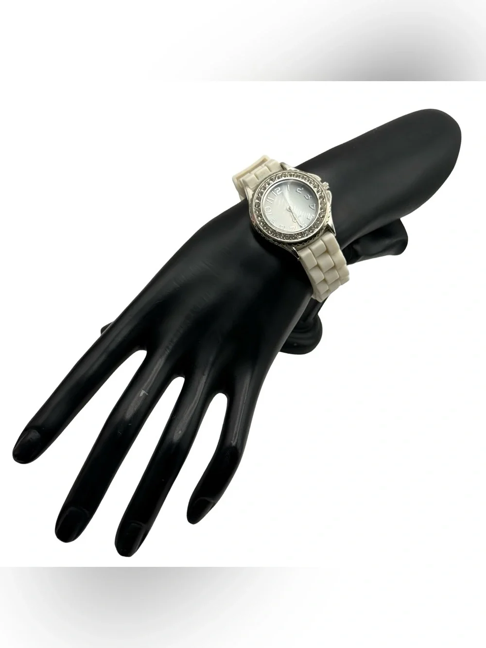 Accutime Ladies Quartz Watch White Rubber Strap Crystal Bezel Large Numbers